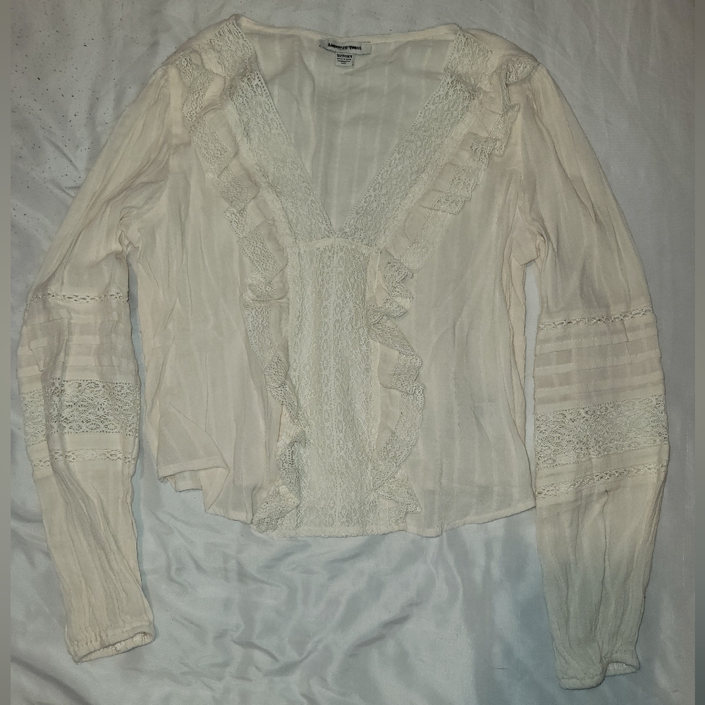 American Eagle Outfitters Cream Lace Ruffle Blouse
